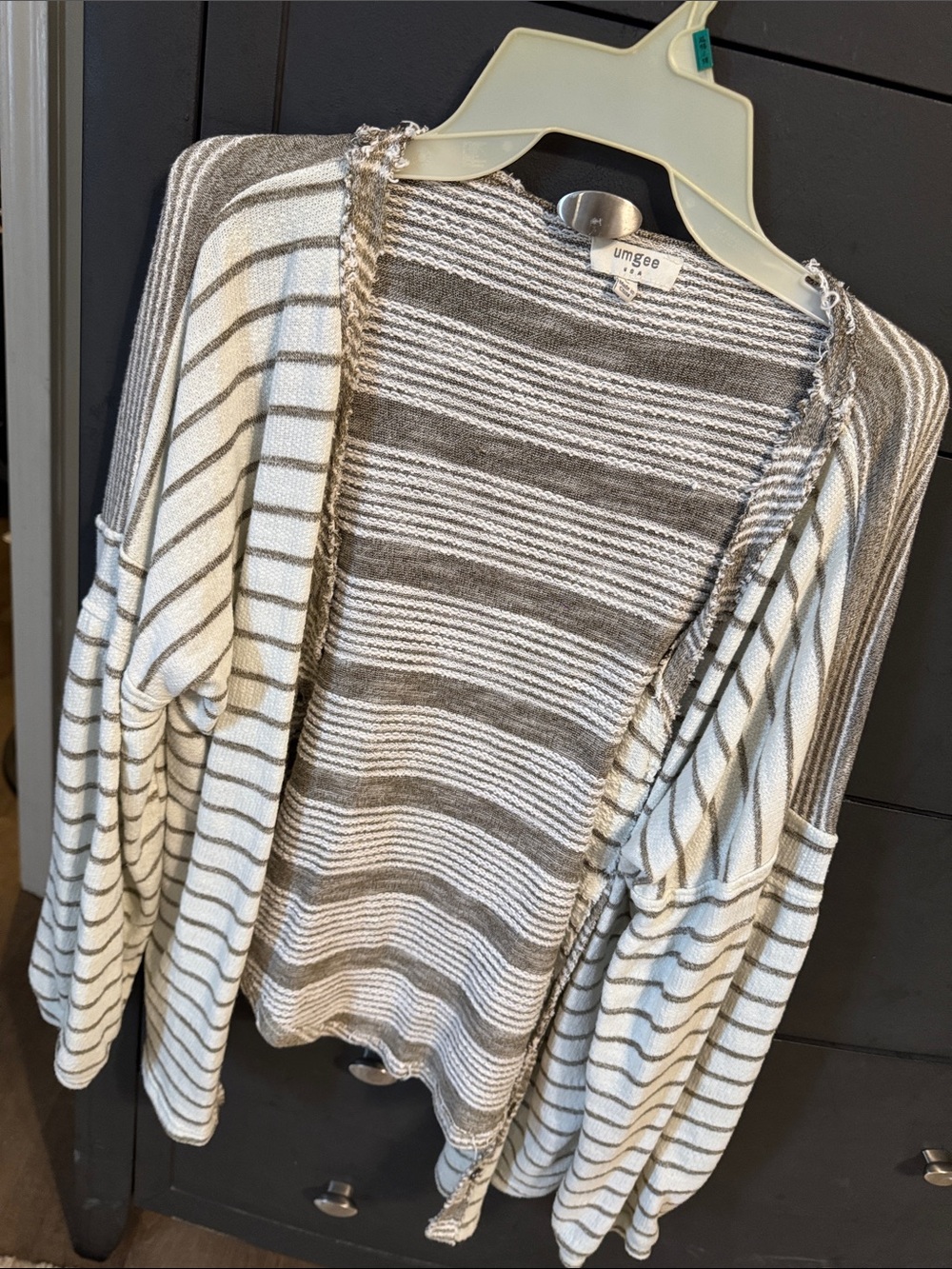 Umgee Striped Open Cardigan/Shirt in Gray & Cream